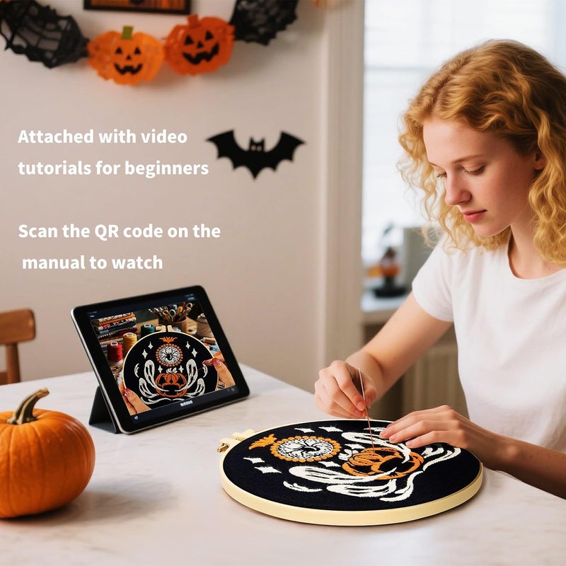 Crafmanoe Halloween Embroidery Kits for Beginners Adults, Ghost Embroidery Starter Kits, Halloween Cross Stitch Kits for Beginners Adults Hobbies for Women, Embroidery Fabric, Threads, Hoops and Video Tutorial - Image 3